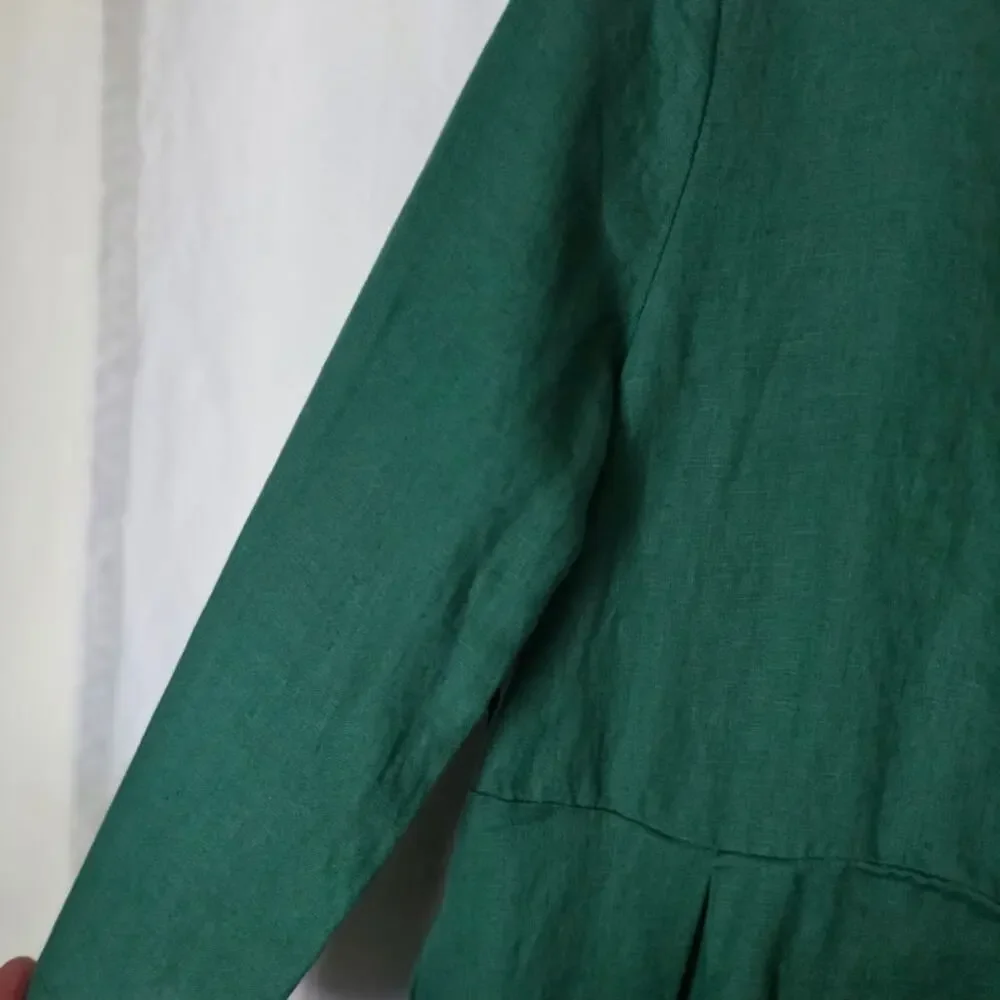 Lintico Women's Bateau Neck Pleated 100 % Linen Green Maxi Dress Small A-Line - Picture 3 of 7